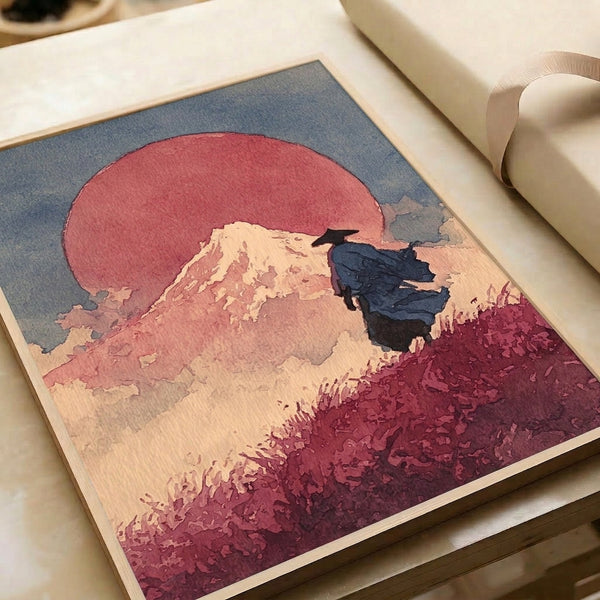 Framed poster showcasing a solitary warrior figure gazing at Mount Fuji's snow-capped peak beneath a luminous coral sunrise, rendered in Japanese woodblock style with cream, dusty rose, and slate gray accents.