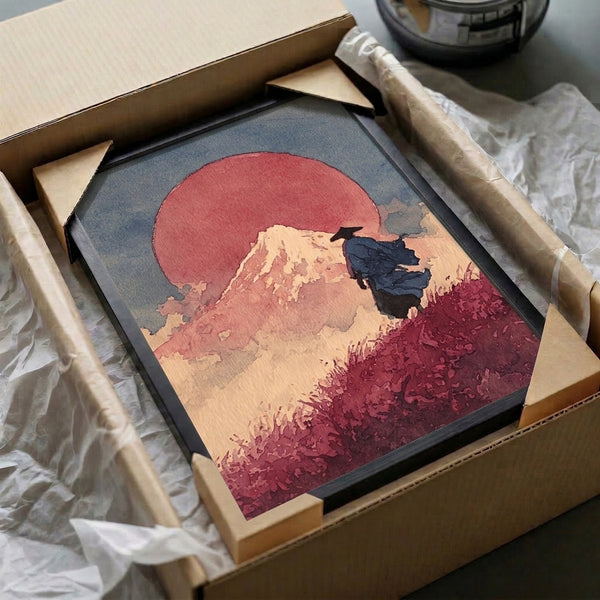 Serene Asian art print depicting a samurai silhouette facing Mount Fuji at dawn, the rising sun casting coral and dusty rose light across minimalist navy and cream composition in Japandi aesthetic.
