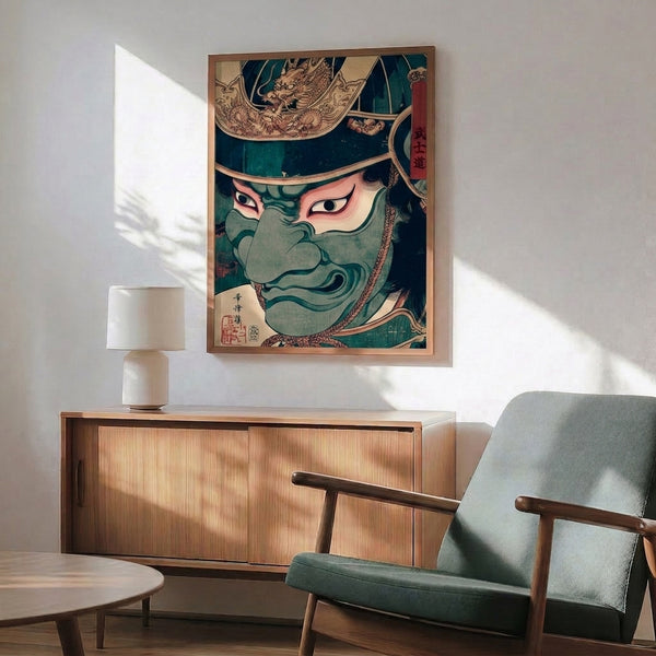 Martial spirit captured in this framed samurai mask print featuring elaborate dragon iconography in deep teal, rust red, cream, and gilded tones.