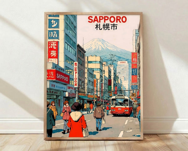 Retro Sapporo travel poster featuring a vibrant street scene with vintage bus, pedestrians, and Japanese signage in red, cream, and teal tones, evoking mid-century urban nostalgia.