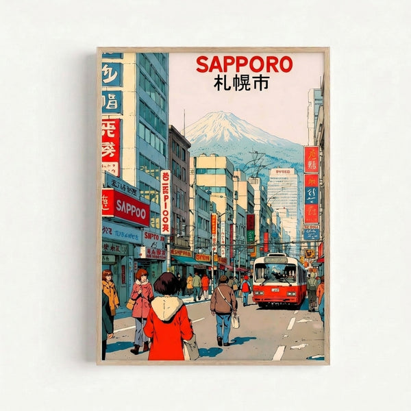 Showa-era style art print of Sapporo cityscape with mountain backdrop, bustling street with people and vehicles, rendered in warm yellows and cool blues with nostalgic charm.