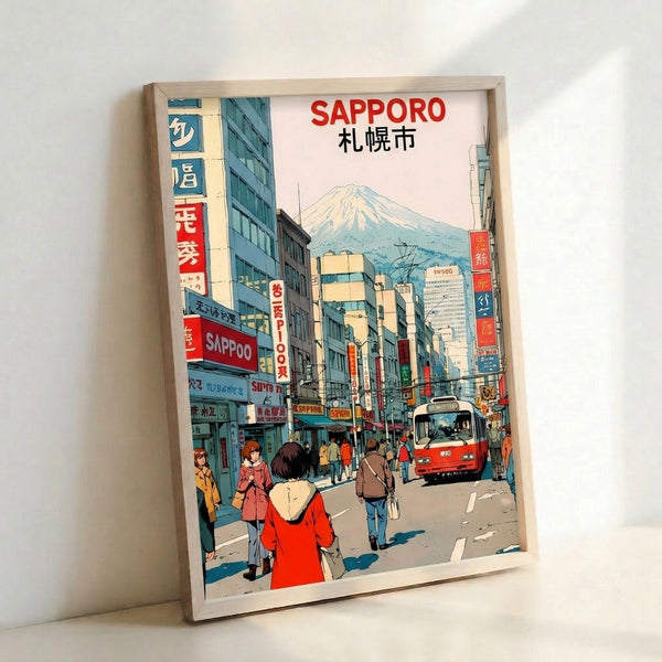 Vintage-inspired Sapporo poster displaying a lively downtown scene with period architecture, street signs, and travelers in rich reds and creams, capturing retro Japanese city energy.