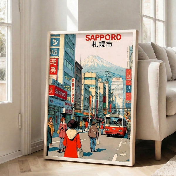 Framed retro travel poster of Sapporo showing an iconic mountain view above an animated street scene with bus and crowds in soft blues and warm accent colors.