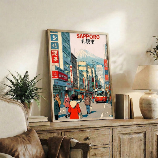 Japandi wall art poster depicting nostalgic Sapporo streetscape with vintage signage and buildings in a harmonious palette of teal, cream, and soft yellow-orange.