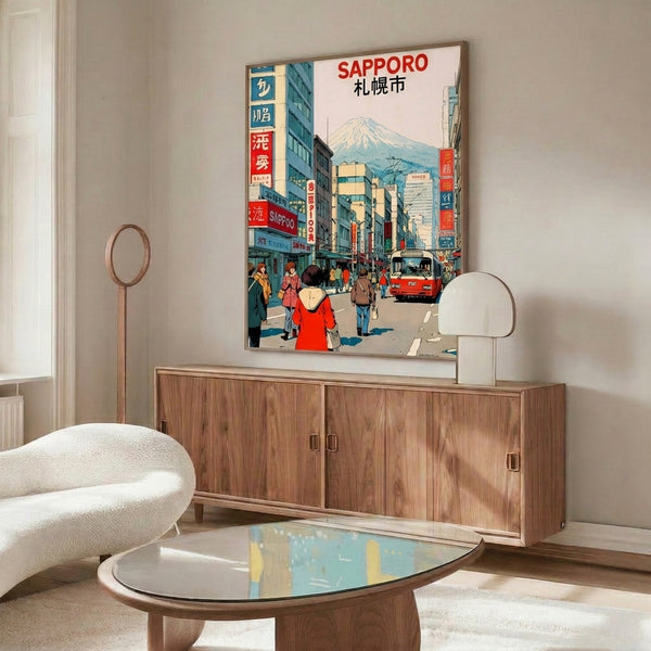 Mid-century style poster celebrating Sapporo with mountain silhouette, bustling urban street, and period vehicles rendered in vibrant reds and serene blue tones.