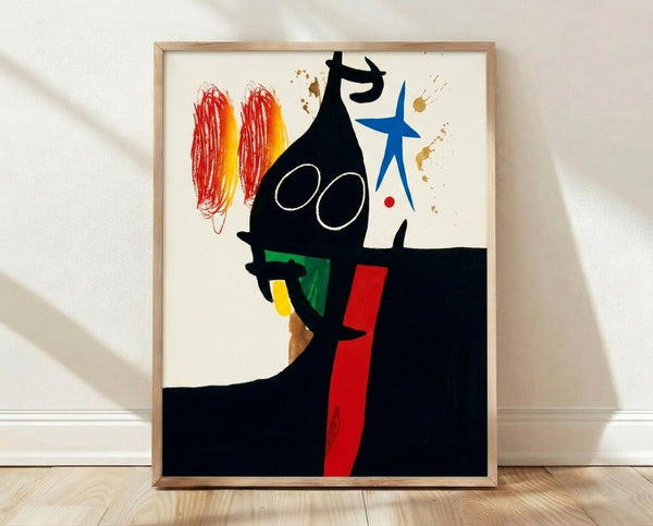 Abstract surrealist poster featuring organic biomorphic forms in black, red, and blue against a cream background, evoking Joan Miro's distinctive style and dreamlike aesthetic.