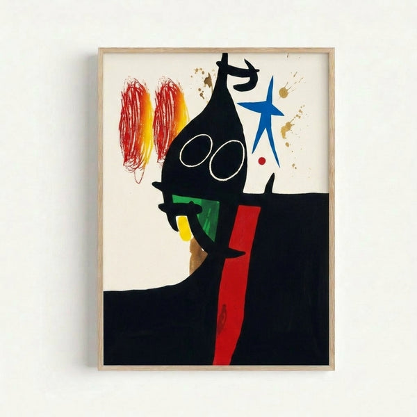 Framed modern art print with playful abstract shapes and gestural lines in bold reds and blues, characteristic of 20th-century surrealist composition.