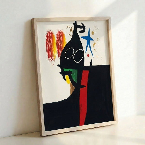 Contemporary abstract poster displaying interconnected organic forms and curved lines in a vibrant color palette of black, red, and blue on a light ground.