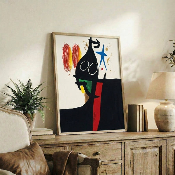 Abstract expressionist framed poster with freeform shapes and spontaneous brushwork in red, blue, and black tones on a neutral background.