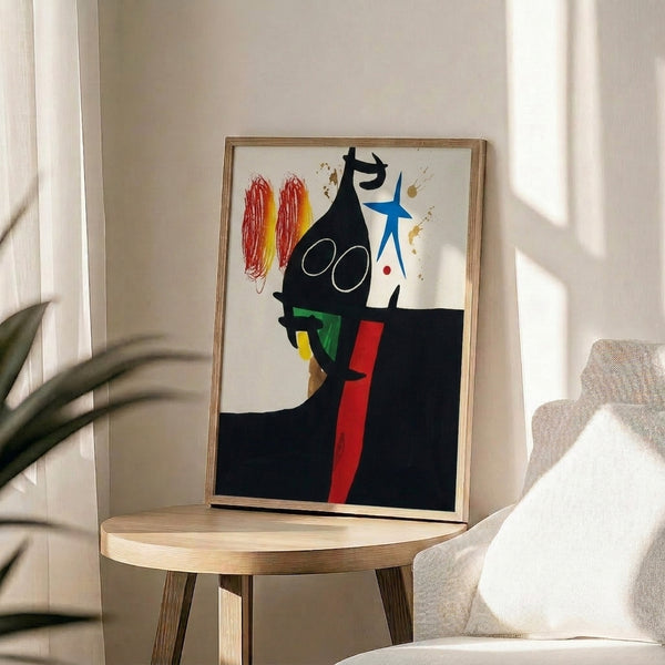 Modern surrealist art print showcasing whimsical abstract figures and stellar motifs rendered in bold primary colors and black linework.
