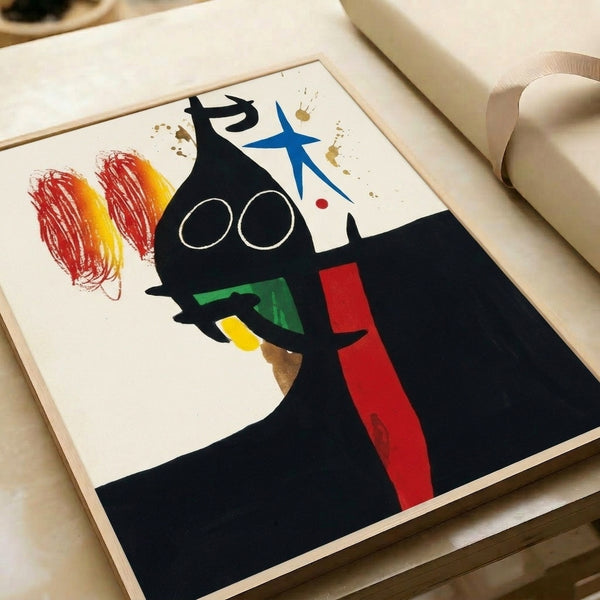 Contemporary abstract wall poster combining organic forms, celestial references, and dynamic composition in a striking palette of red, blue, and neutral tones.