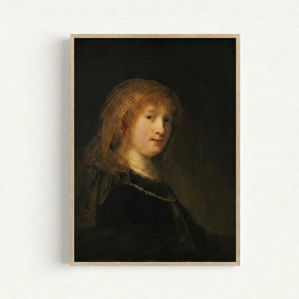 Classical oil painting portrait of a woman in rich ochre and sienna hues, rendered in Rembrandt's characteristic style with soft chiaroscuro lighting displayed as wall art.