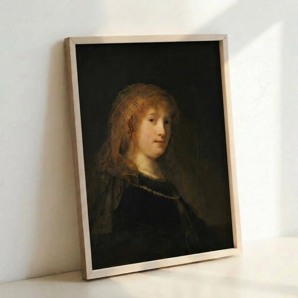 Intimate portrait study in dark earth tones and luminous highlights, capturing the refined elegance of a figure from the Dutch Golden Age as a framed print.