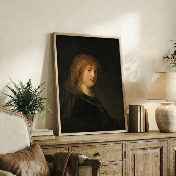 17th century-inspired portrait painting with delicate facial features emerging from shadow and golden light, rendered in classical Dutch master technique.