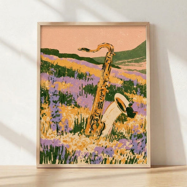 Retro-style framed poster featuring a saxophone resting in a wildflower field beneath rolling hills, rendered in warm peach, lavender, golden yellow, and forest green tones with a whimsical, nostalgic mood.