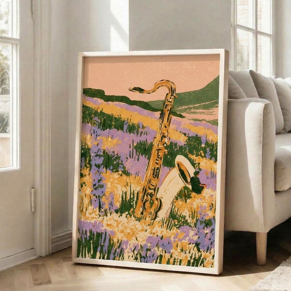 Vintage boho art print on wall showing an artistic saxophone surrounded by blooming wildflowers in a landscape setting, with soft peachy and lavender hues creating a dreamy, artistic atmosphere.