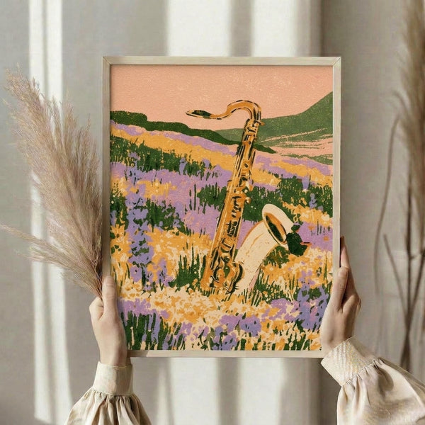Framed wall art depicting a saxophone nestled among wildflowers and rolling terrain in retro palette of cream, golden yellow, and forest green, evoking whimsical vintage charm.