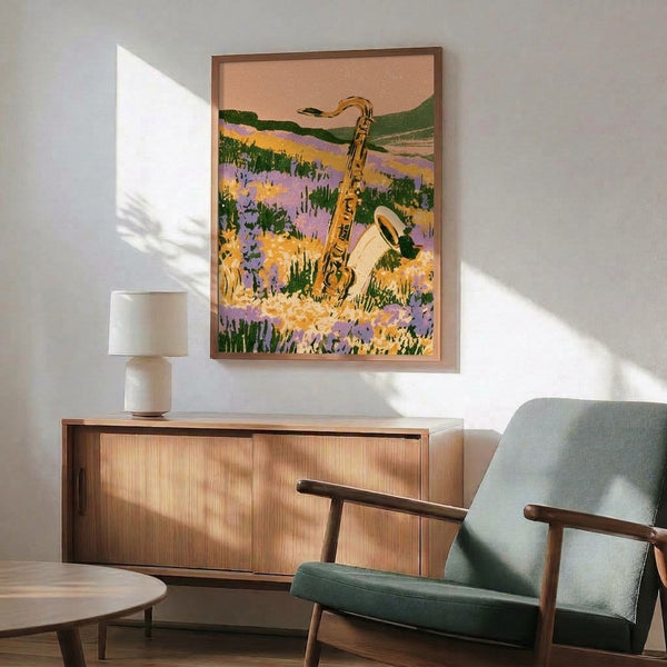 Nostalgic landscape poster with a saxophone as focal point amid flourishing wildflower field, combining peachy and lavender tones with artistic, boho aesthetic appeal.