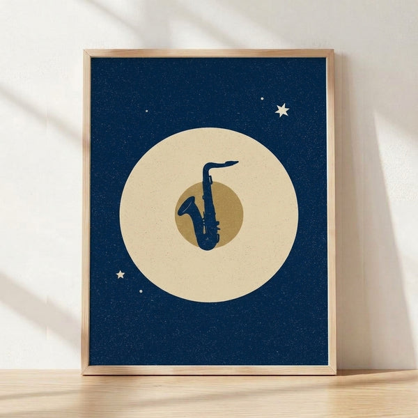 Retro minimalist poster featuring a silhouetted saxophone against a glowing moon and starry night sky in midnight blue, cream, and gold tones; framed wall art with a dreamy jazz aesthetic.