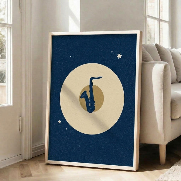 Mid-century style framed print depicting a saxophonist's instrument centered beneath a luminous moon amid scattered stars, rendered in navy, off-white, and warm gold on a contemplative nighttime backdrop.