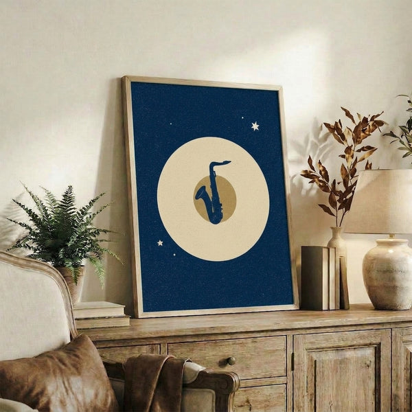 Minimalist jazz-inspired wall art showing a saxophone and celestial moon in gold and cream against a deep midnight blue sky, evoking a dreamy, retro nighttime mood.