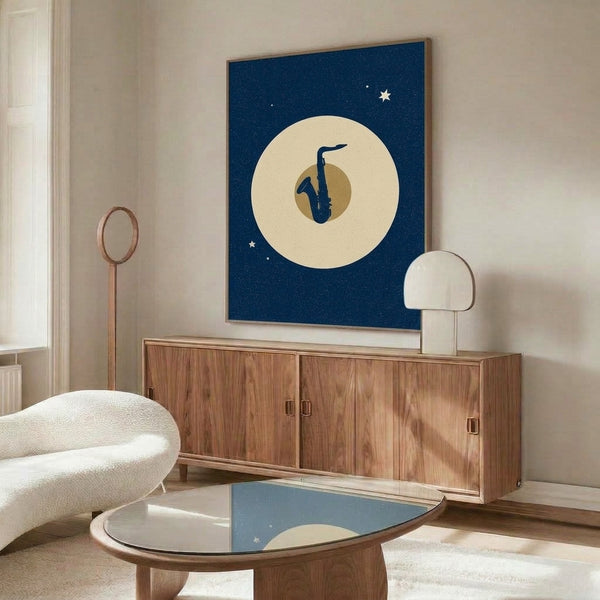 Framed retro poster with a silhouetted saxophone and glowing moon set against a starlit night sky, featuring a sophisticated palette of navy, gold, and cream in mid-century minimalist style.