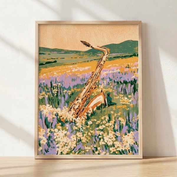 Vintage art deco poster featuring a saxophonist in a lavender and wildflower field with rolling hills, rendered in warm cream, sage green, and golden tones with a romantic, pastoral mood.