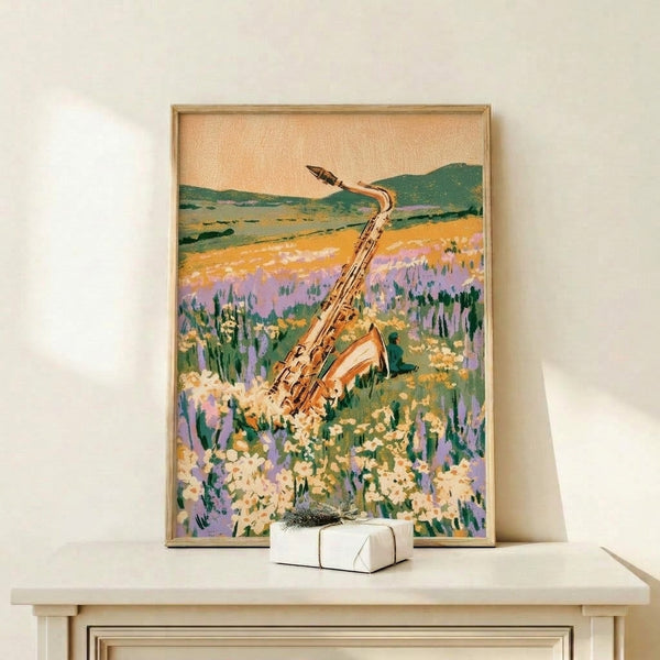 Retro-style framed print depicting a musician playing saxophone amid blooming wildflowers and lavender under soft golden light, with a whimsical countryside landscape in muted earth tones.