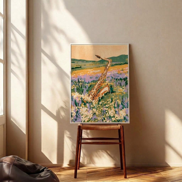 Art deco wall poster showcasing a saxophonist surrounded by wildflowers in shades of lavender and cream, evoking a dreamy, romantic vintage aesthetic with burnt orange and sage accents.