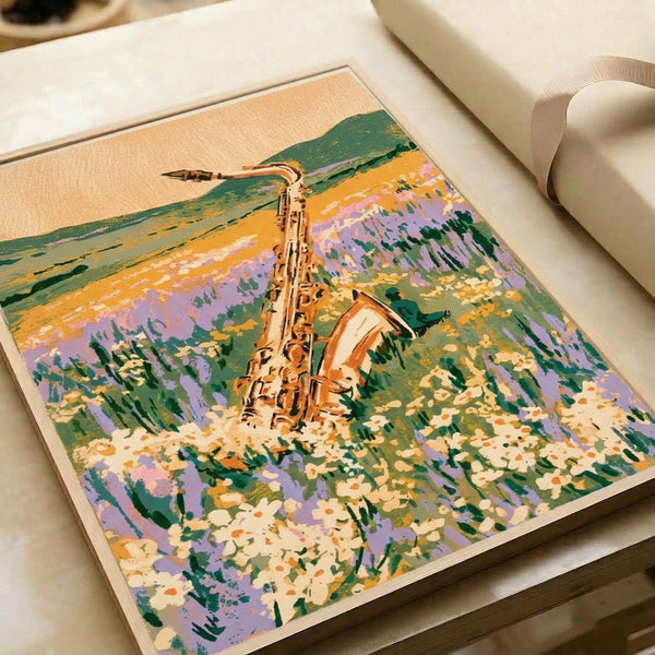 Framed vintage landscape poster combining music and nature: a saxophonist stands in a wildflower meadow with rolling hills, featuring a soft palette of lavender, golden yellow, and muted greens.