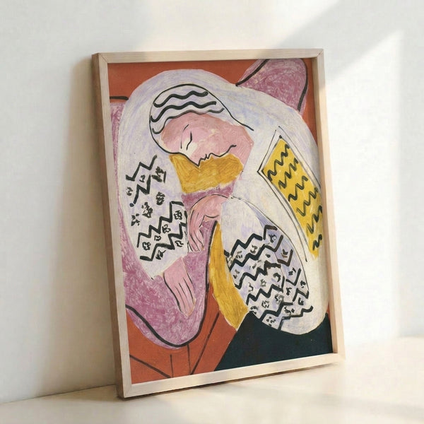 Vintage linocut-style poster art featuring a recumbent female figure in black outlines with warm rust and cream tones, conveying calm introspection in modernist fashion.