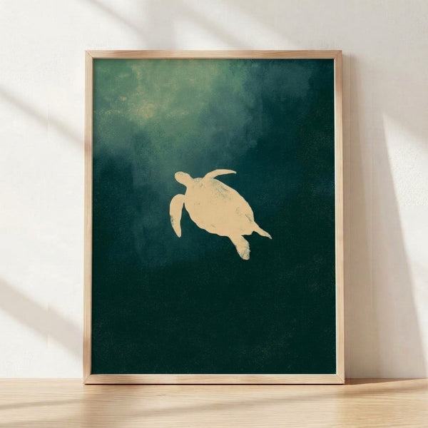 Minimalist sea turtle silhouette in teal and deep green tones swimming through serene ocean waters, framed coastal wall art with a peaceful, meditative mood.