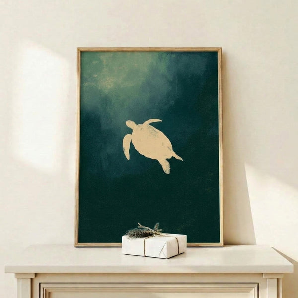 Framed modern print featuring a tranquil sea turtle silhouette rendered in calming teal and cream, evoking a zen-like connection to ocean life.