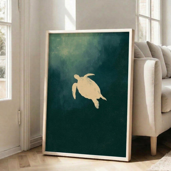 Contemporary coastal wall art depicting a serene sea turtle in deep ocean green and gold accents against a teal background, minimalist and soothing.