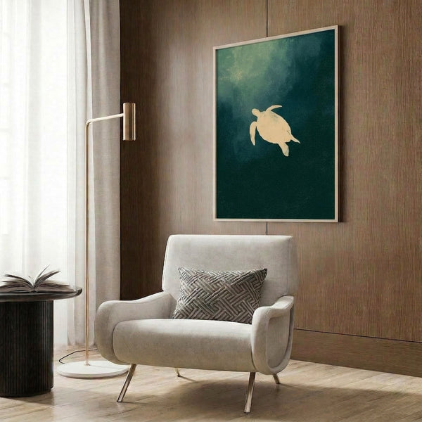 Peaceful ocean-inspired poster showing a sea turtle silhouette in soft teal and cream tones, a minimalist print that brings calm, zen energy to any room.