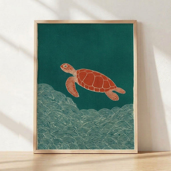 Framed Japanese woodblock-style poster of a rust-red sea turtle gliding over cream and teal layered waves in a serene, meditative composition.