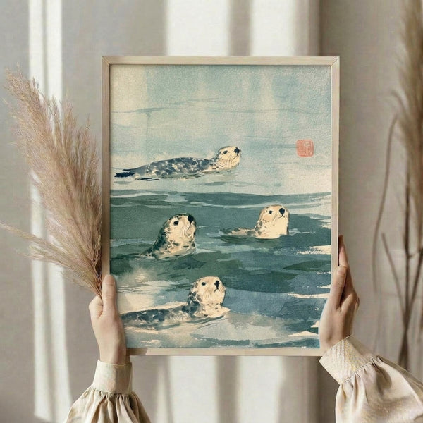 Japanese-style watercolor poster of seals gliding through ocean waters in soft greens and teals, capturing a tranquil, observational mood typical of ukiyo-e artistic traditions.