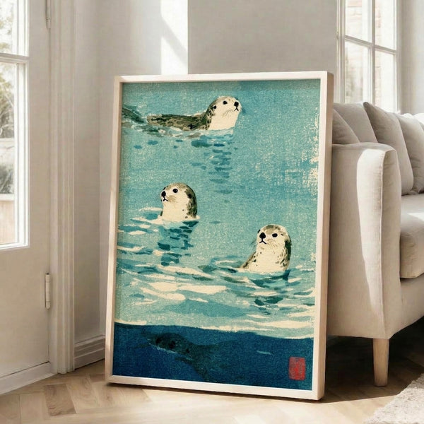 Serene watercolor art print featuring three seals in cream and blue tones, inspired by Japanese woodblock aesthetics with a peaceful, contemplative mood.