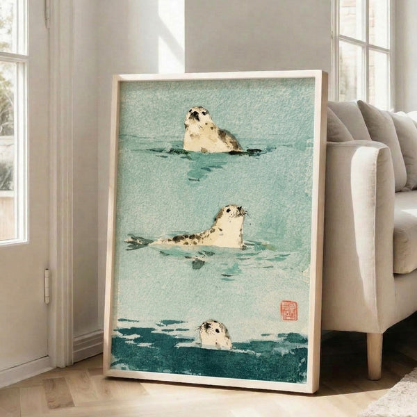 Minimalist seal watercolor art print with soft seafoam and cream palette, peaceful composition inspired by Japanese woodblock traditions.