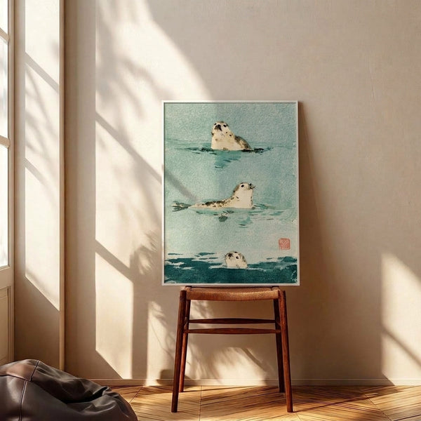Three seals depicted in calming watercolor technique using seafoam, charcoal, and teal hues, framed in zen-inspired minimalist aesthetic.
