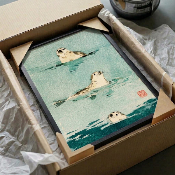Serene watercolor poster featuring seals in soft seafoam greens and dark teals, peaceful Japanese-influenced artistic composition on cream background.