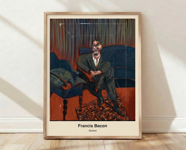 Abstract modern painting of a seated figure rendered in muted greys, browns, and blacks, conveying psychological intensity and existential unease through distorted form and claustrophobic composition.