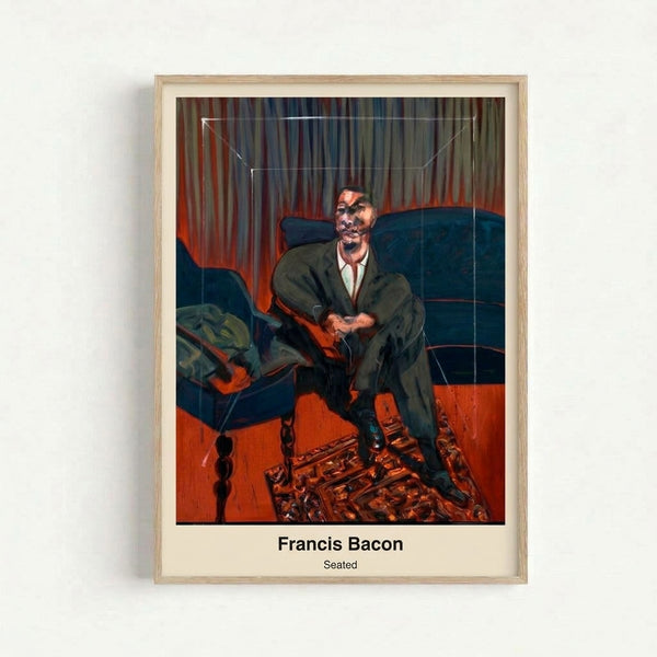 Framed poster of a solitary figure on furniture, executed in Francis Bacon's distinctive abstract style with ochre and grey tones creating a mood of introspective tension.