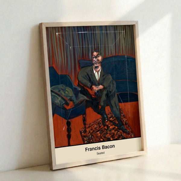 Modern art print depicting a hunched seated man in earthy browns and blacks, the expressionistic treatment evoking claustrophobia and existential contemplation.