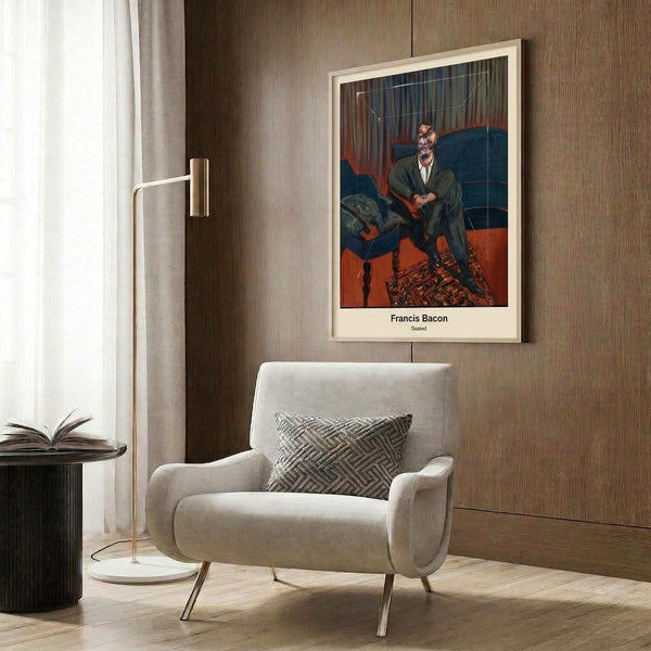 Distorted figurative study in grey, brown, and black tones showing a seated form on furniture, radiating existential unease through fragmented, abstract treatment.