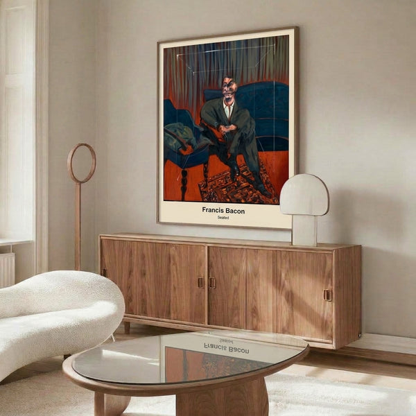Modern poster art featuring an expressionistic seated figure surrounded by geometric forms in ochre and grey, creating an atmosphere of psychological intensity.
