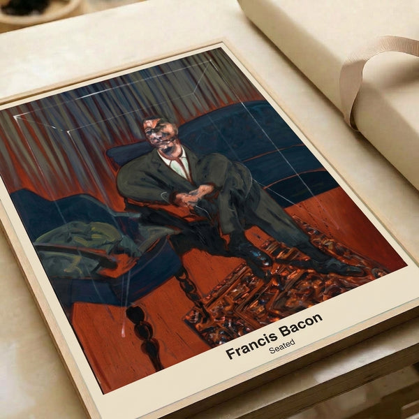 Framed abstract artwork depicting an isolated man on furniture rendered in muted earth tones, the claustrophobic composition conveying existential dread and inner turmoil.
