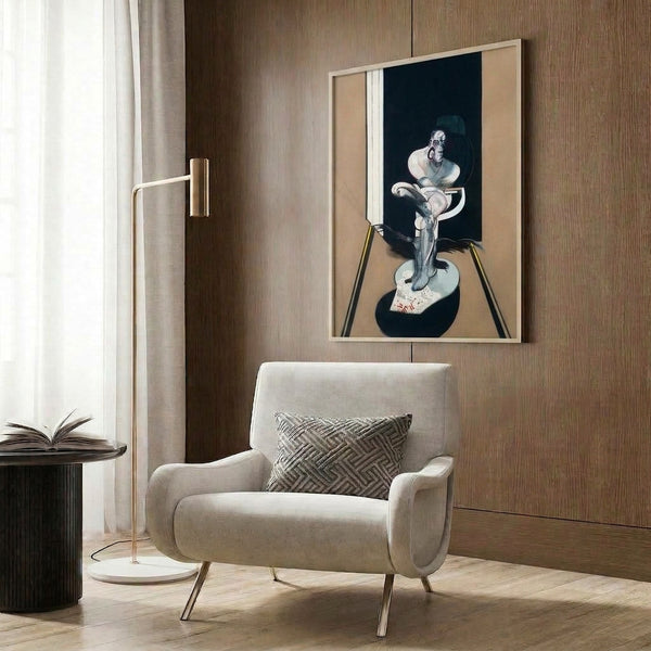 Modern expressionist poster displaying a solitary figure in a contemplative pose, painted with bold strokes in earthy browns, grays, and blacks against a shadowed background.