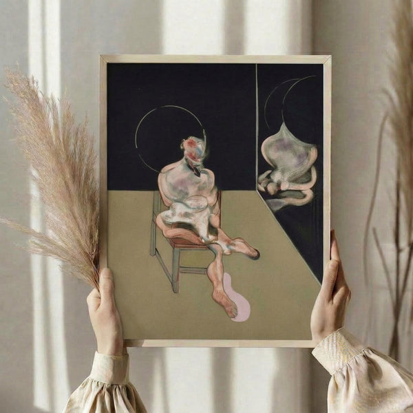 Dark modernist portrait of a solitary figure sitting upright, painted in subdued browns and grays with bold gestural marks, creating an unsettling atmospheric mood.