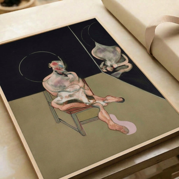 Framed modernist art print featuring a distorted seated figure in muted palette, characterized by loose brushwork and an introspective, somber quality.